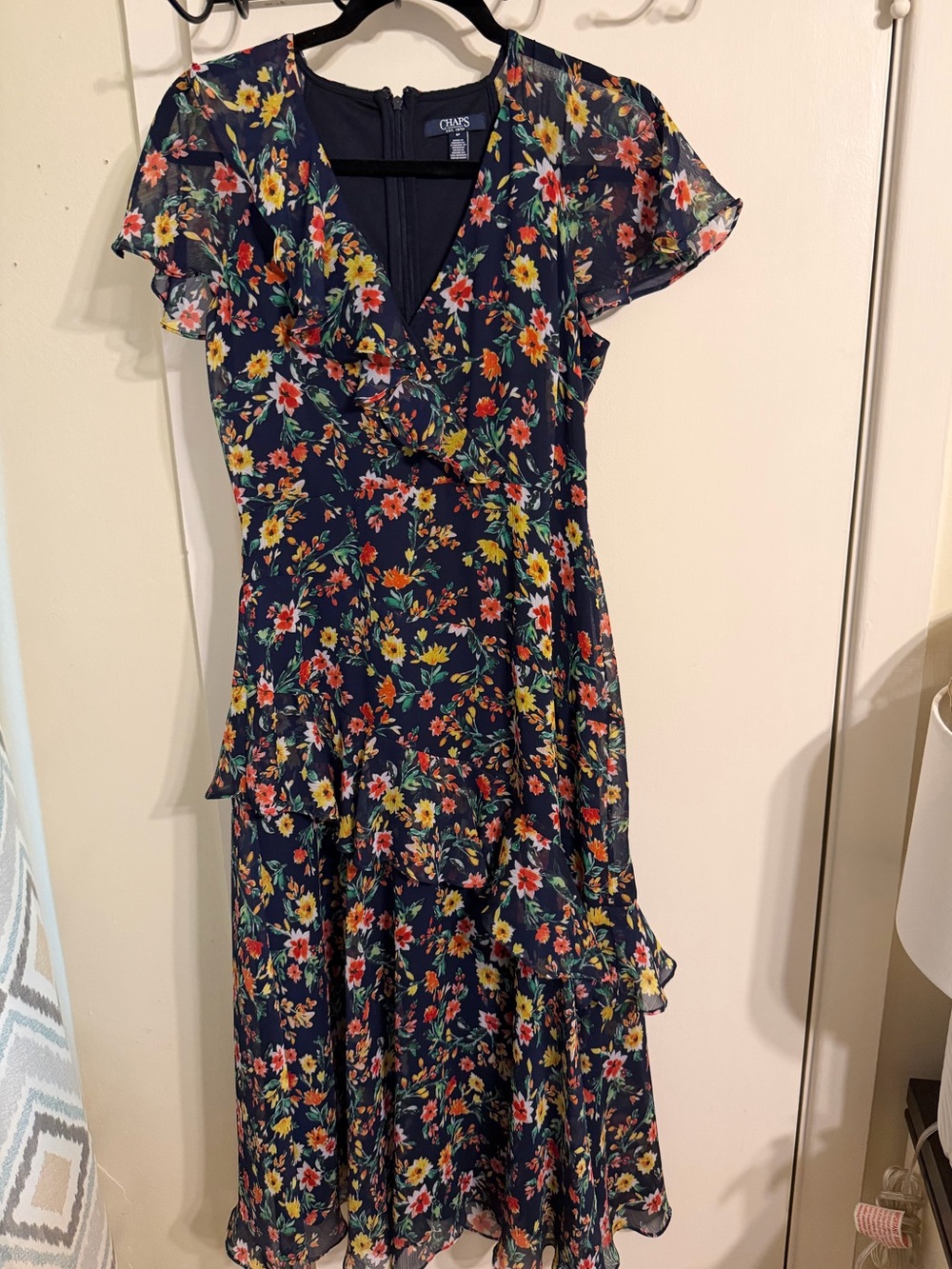 Chaps Navy Floral Wrap Dress with Ruffle Accents